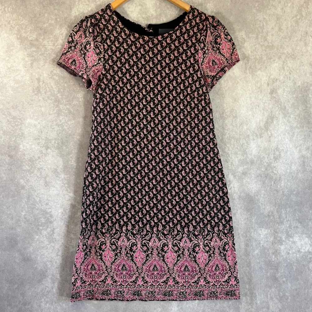 Maeve Shift Dress Women XS Pink Black Paisley Jacquard Metallic Short Sleeve